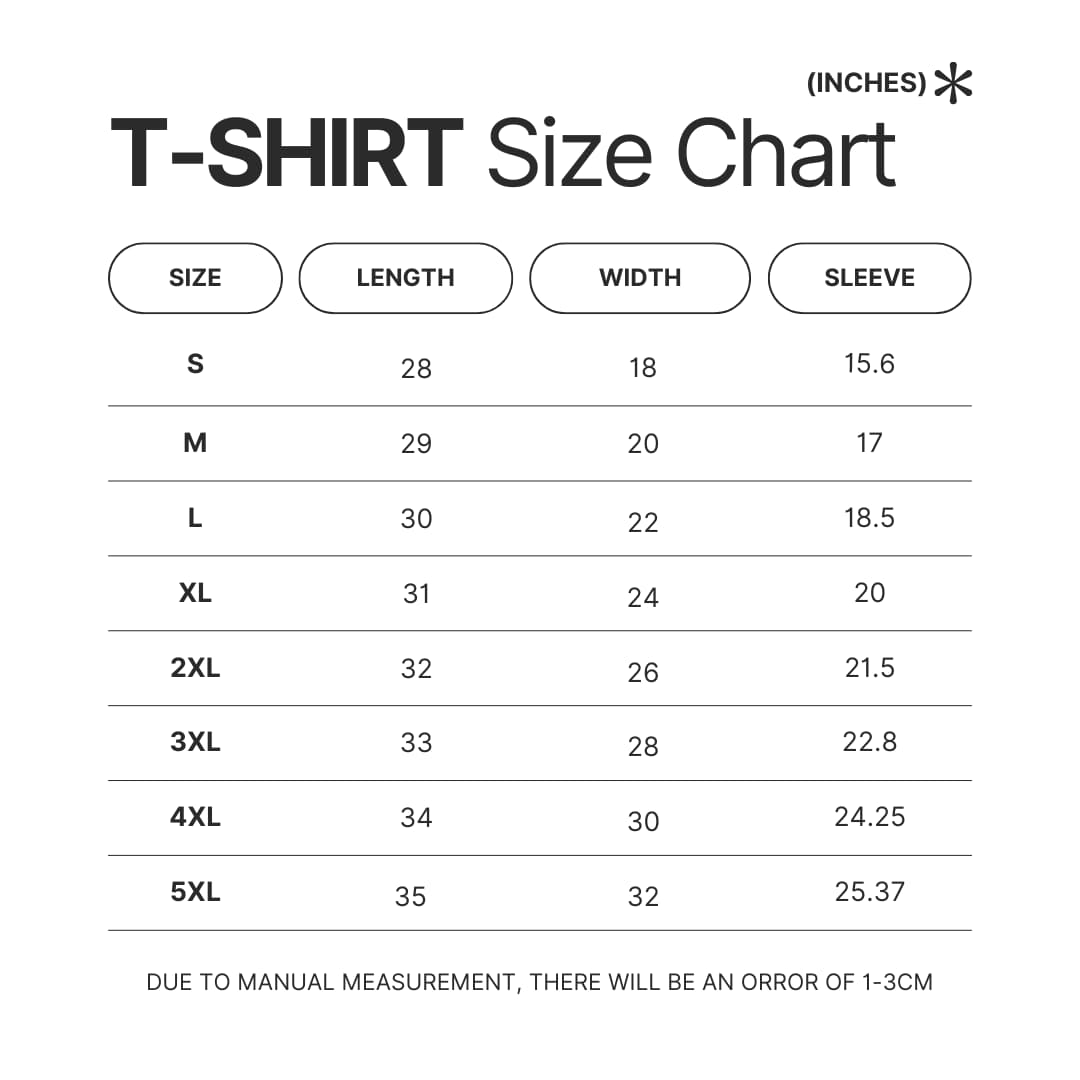 3D T shirt Size Chart - Fullmetal Alchemist Merch